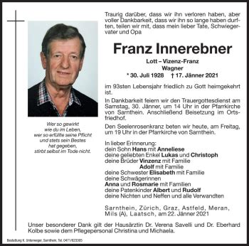 Traueranzeigen Von Franz Innerebner Trauer Bz