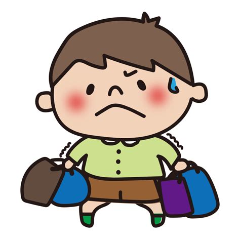 重い荷物を持つ子供（男の子）の無料フリーイラスト かわいい手描きの無料素材「てがきっず」保育園・小学校・介護施設にぴったりのフリー素材イラスト