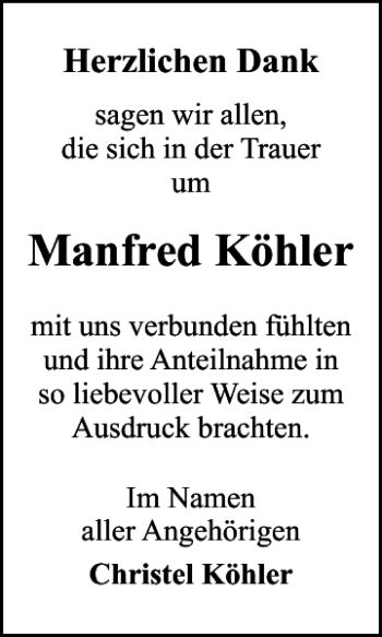 Traueranzeigen von Manfred Köhler trauer38 de