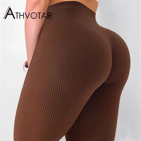 Athvotar Leggings Women Ribbed Solid Fitness High Waist Leggins