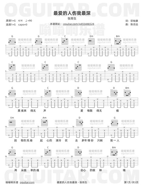 最爱的人伤我最深吉他谱 张雨生歌曲 G调高清图 5张六线原版简谱 极网吉它谱大全