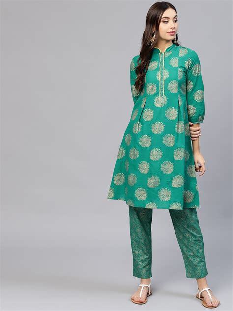 Buy Jaipur Kurti Women Green And Golden Printed Kurta With Trousers