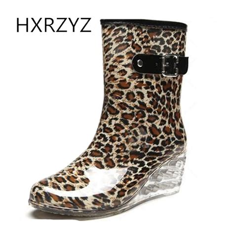 Hxrzyz Women Rubber Boots Wedge Ankle Rain Boots Springautumn Female Fashion Buckle Slip