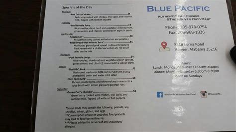 Menu At Blue Pacific At Hoover Food Mart Restaurant Birmingham