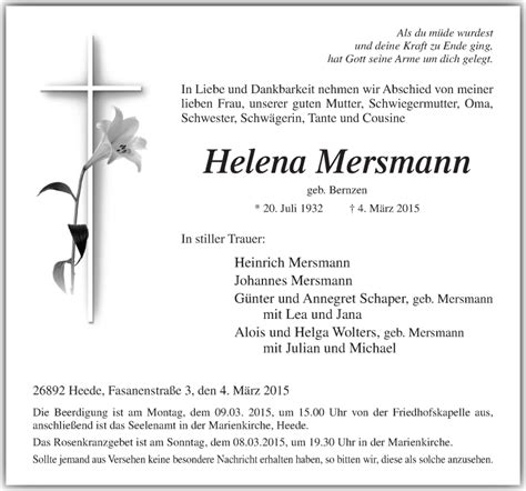 Traueranzeigen Von Helena Mersmann Noz Trauerportal