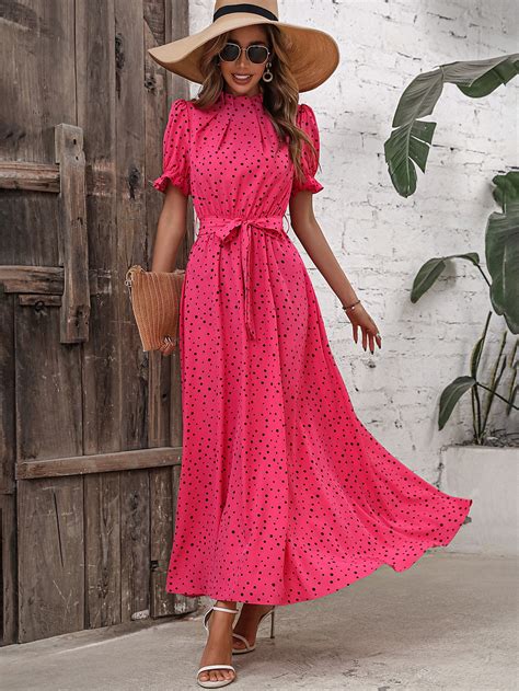 Shein Vcay Polka Dot Print Puff Sleeve Belted Dress Shein Uk