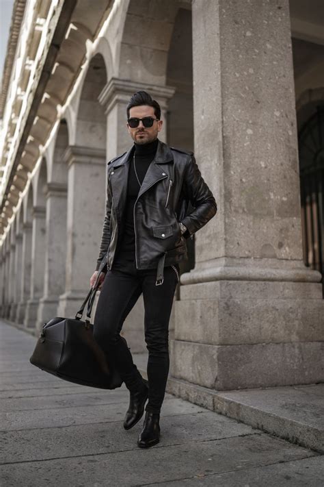 All Black Look Leather Jacket Chelsea Boots Men Outfit Boots