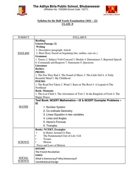 Class 9 Half Yearly Syllabus Pdf Mathematics Science