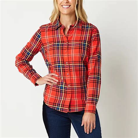 St John S Bay Womens Long Sleeve Regular Fit Button Down Shirt Color Orange Tartan Jcpenney