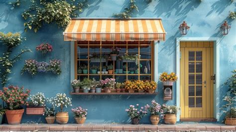 Charming Blue And Yellow Storefront With Flowers Premium Ai Generated