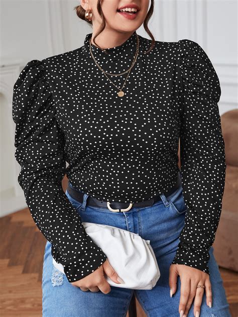 Shein Clasi Plus Polka Dot Print Mock Neck Puff Sleeve Tee Shein Usa