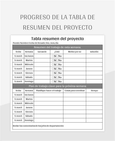 Plantilla De Excel Progreso De La Tabla De Resumen Del Proyecto Y Hoja