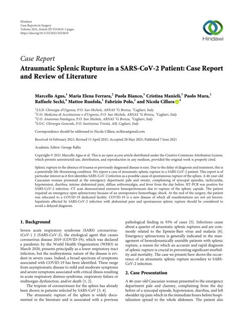 PDF Atraumatic Splenic Rupture In A SARS CoV 2 Patient Case Report