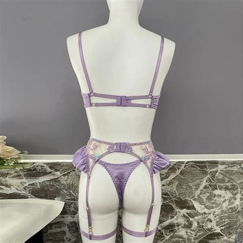 Transparent Pink Satin Sexy Lingerie Hot Women Tight Embroidery Floral