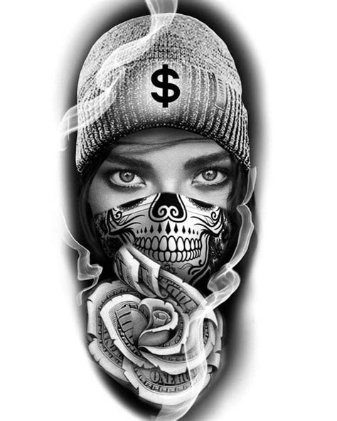 A Woman With A Skull And Rose Tattoo On Her Face Is Shown In Black And