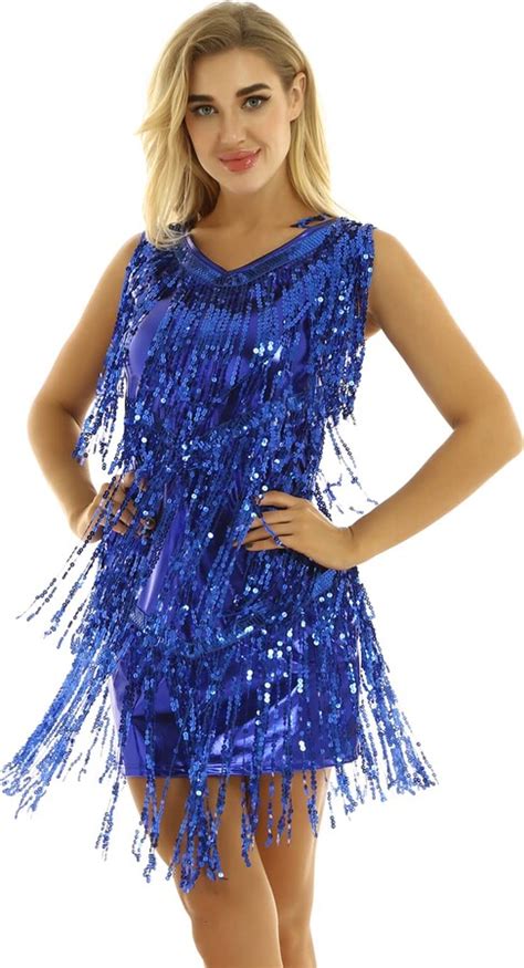 Alvivi Women S Sparkly Sequins Tassels Ballroom Salsa Samba Rumba Tango Latin Dance Dress Royal