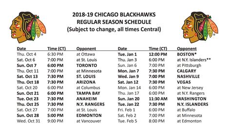 Blackhawks Printable Schedule