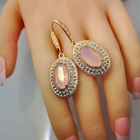 Luxury Pink Cubic Zirconia Wedding Earrings For Women Bridal Jewelry