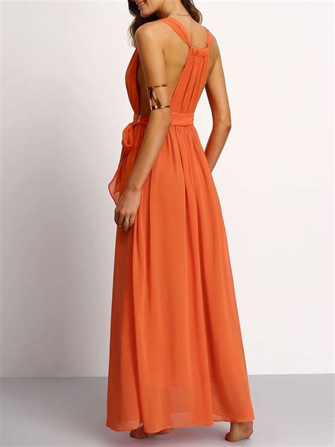 Plunging V Neckline Tie Waist Maxi Dress SheIn Sheinside