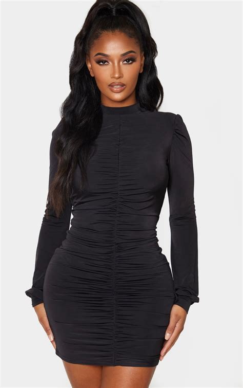 Black Slinky Ruched Bodycon Dress Prettylittlething Ca