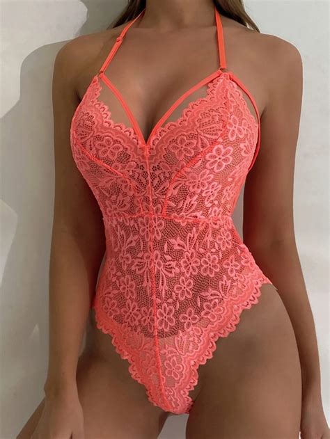 Дамско дантелено боди Floral Lace Scallop Trim Harness Teddy Bodysuit