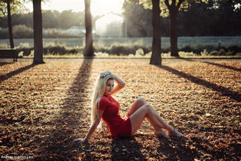 Women Andreas Joachim Lins Blonde Trees Red Dress Sitting Leaves Women