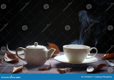 Hot Tea Cup And Teapot On Wood Background With Steam Stock Image Image Of Black Healthy