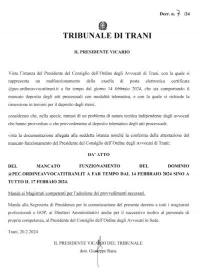 Malfunzionamento Della Casella P E C Decreto N Di Rimessione