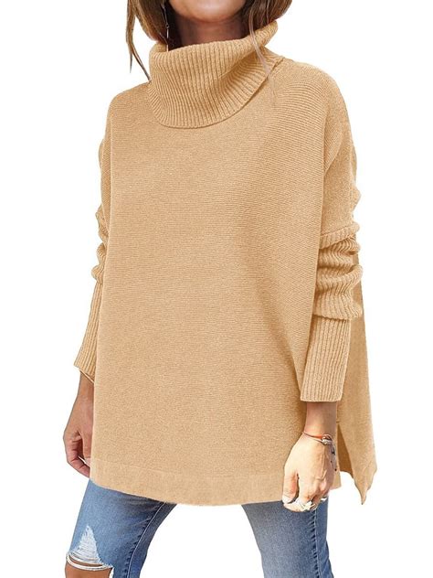 Sanmadrola Womens Oversized Turtleneck Sweater Fall Winter Batwing Sleeve Split Hem Knit