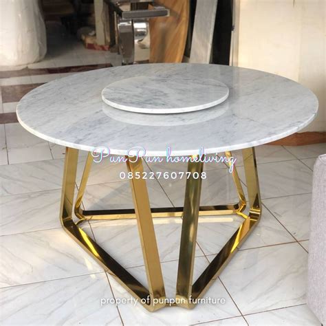 Meja Makan Bulat Putar Mewah Stainless Steel Top Marmer Carrara