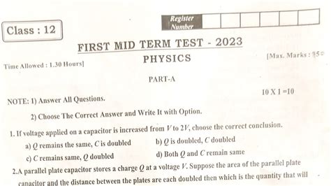 12th Em Physics First Midterm Exam Original Question Paper 2023