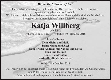 Traueranzeigen Von Katja Willberg Geb Rilke Abschied Nehmen De