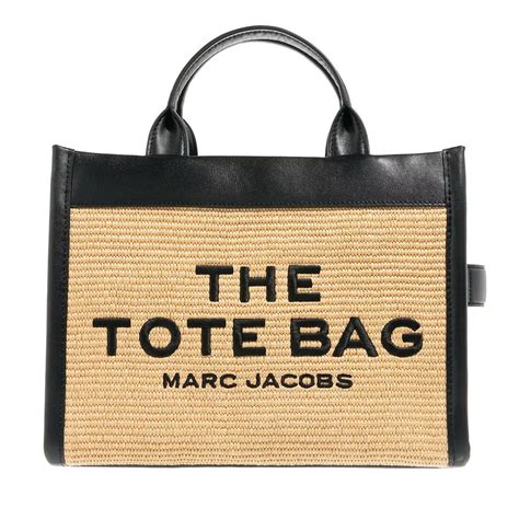 Marc Jacobs The Woven Medium Tote Bag Natural Black Rymlig shoppingväska