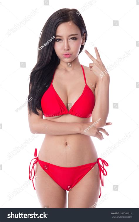 Стоковая фотография 386764912 Sexy Asian Girl Wearing Red Bikini