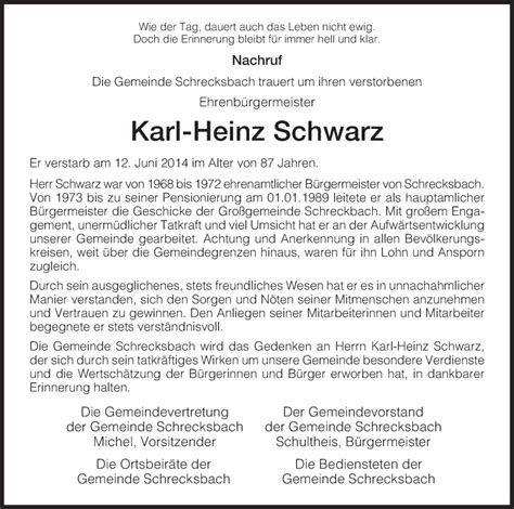 Traueranzeigen Von Karl Heinz Schwarz Trauer Hna De