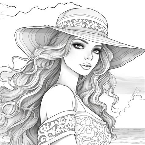 Un Dibujo De Una Mujer Con Un Sombrero En La Playa Ai Generativo Foto