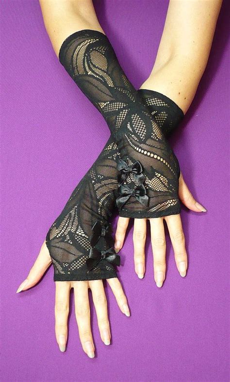 Gothic Lace Gloves Black Stretchy Armwarmers With Satin Bows Gothic