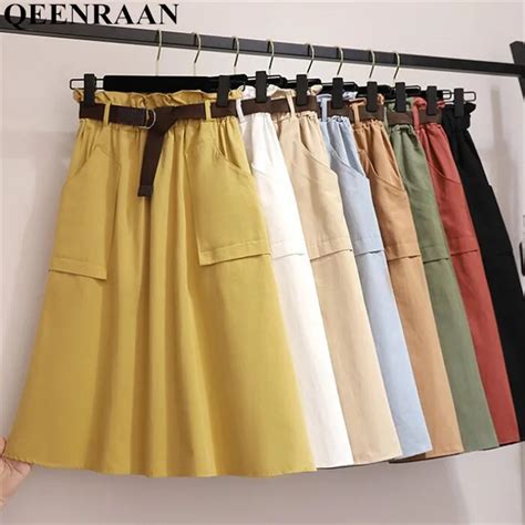 2019 Womens Solid Cotton Retro Midi Skirt Female High Waist Knee Length