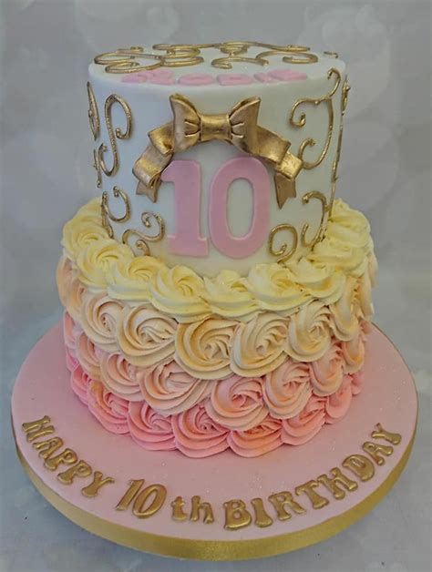 10th Birthday Cake Gold Swirls And Butter Cream Roses 10 Birthday Cake Pretty Birthday Cakes