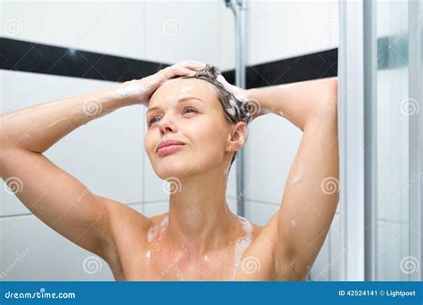 Young Woman Washing Her Hair With Shampoo Stock Image Image Of