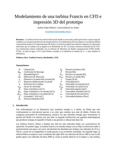 PDF Modelamiento de una turbina Francis en CFD e impresión 3D