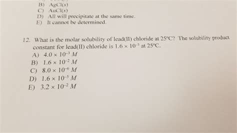 Solved What is the molar solubility of lead (II) chloride at | Chegg.com