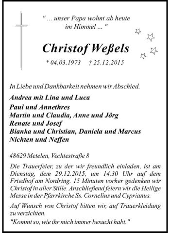 Traueranzeigen von Christof Weßels trauer ms