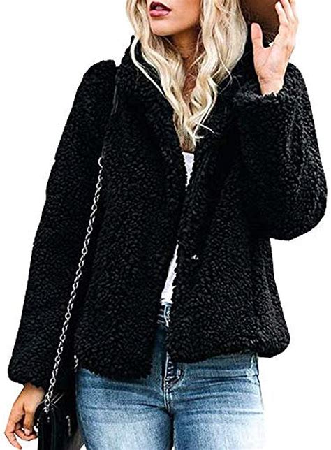 Kppong Pullover Damen Pl Sch Einfarbig Kurze Teddyfleece Mantel