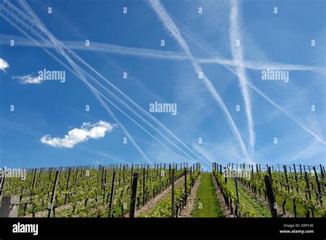 condensation trails over the Rheingau wine area Stock Photo - Alamy