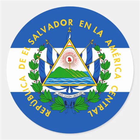 Pegatina Redonda Bandera Salvadore A Y Escudo De Armas El Salvador