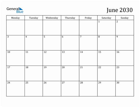 June 2030 Monday Start Calendar Pdf Excel Word