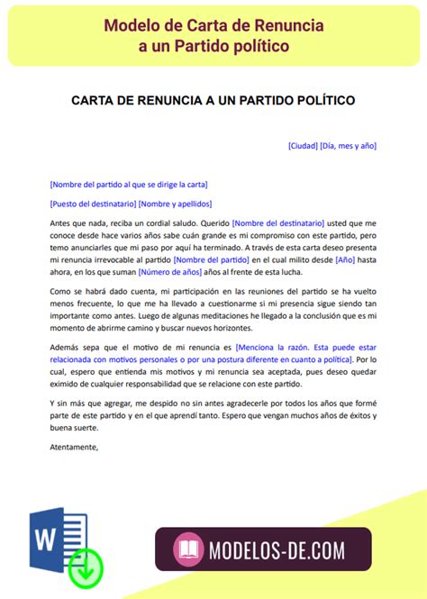 Carta De Renuncia A Un Partido Pol Tico En Word Gratis