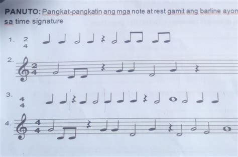 Pangkat Pangkatin Ang Mga Note At Rest Gamit Ang Barline Ayon Sa Time