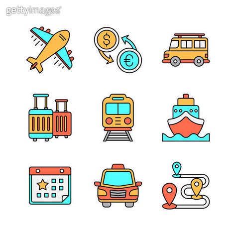 Tourism And Travel Icons Set In Colored Line Style